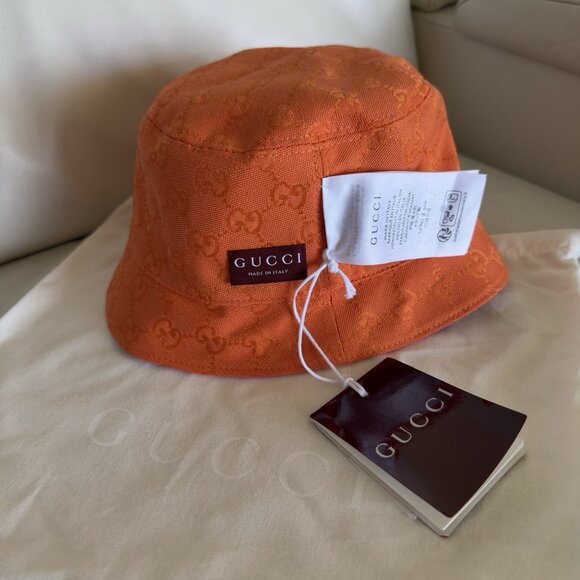 NWT GUCCI Fedora Reversible Orange Canvas-jacquard Bucket Hat Sz S Pink - Picture 6 of 12
